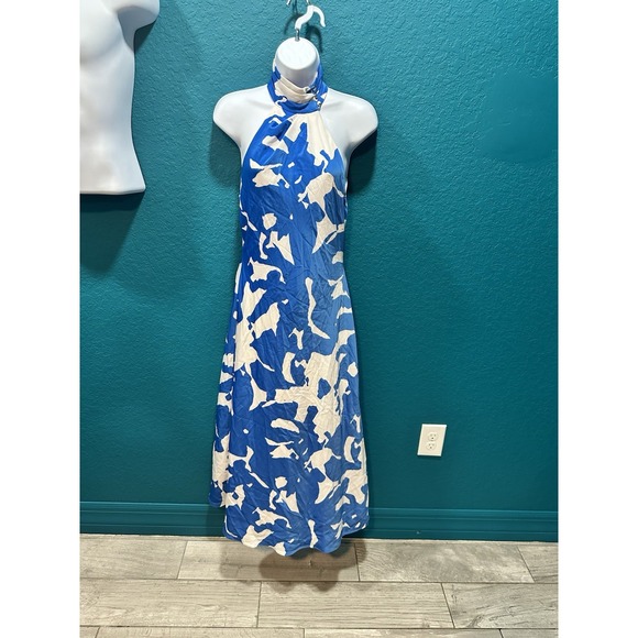 Donna Karan Women's Halter-Neck Sleeveless Midi Blue/White Dress 2 Silk - Picture 3 of 8